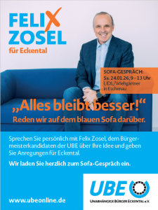 Einladung zum Blauen Sofa Gespräch mit UBE-Bürgermeisterkandidat Felix Zosel