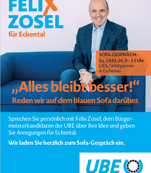 Einladung zum Blauen Sofa Gespräch mit UBE-Bürgermeisterkandidat Felix Zosel